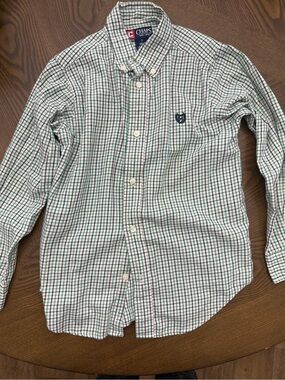 Chaps Boys Green and White Plaid Button-Down Shirt